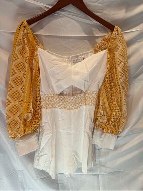 CHicways White Mini Boho Romper  with Yellow Embroidered Puff Sleeves